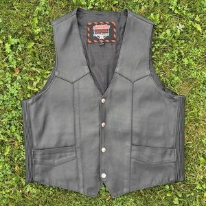 Interstate Leather Black Motorcycle Vest Mens Lg Snap Buttons Ribbed Side Biker